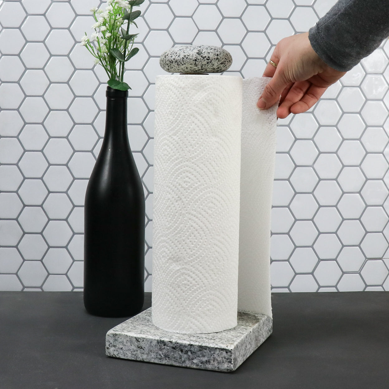Sea Stones Helping Hand Standing Granite Paper Towel Holder - Easy to Use One-Handed Tear - Modern Kitchen Design - Made in USA